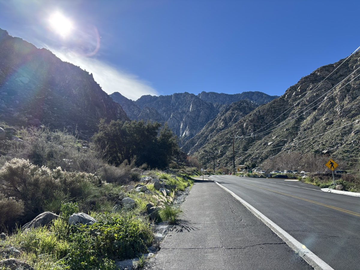 Mountain canyon road in the Palm Springs area — light breaking through the hills