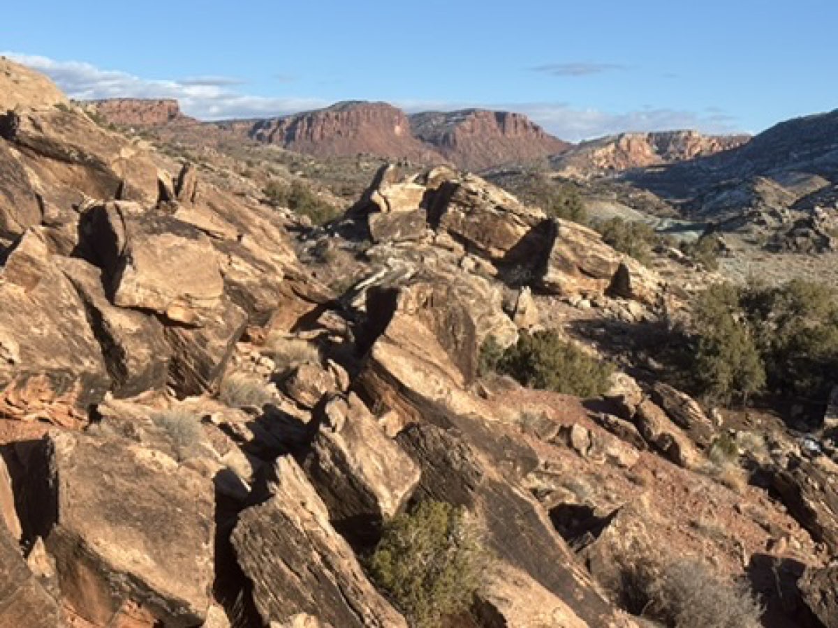 A sweeping red rock desert landscape with layered canyon formations